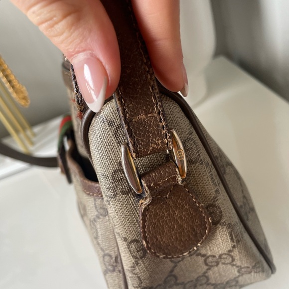 SOLD GUCCI Sherry line GG Web PVC canvas browns crossbody shoulder bag - Picture 9 of 10